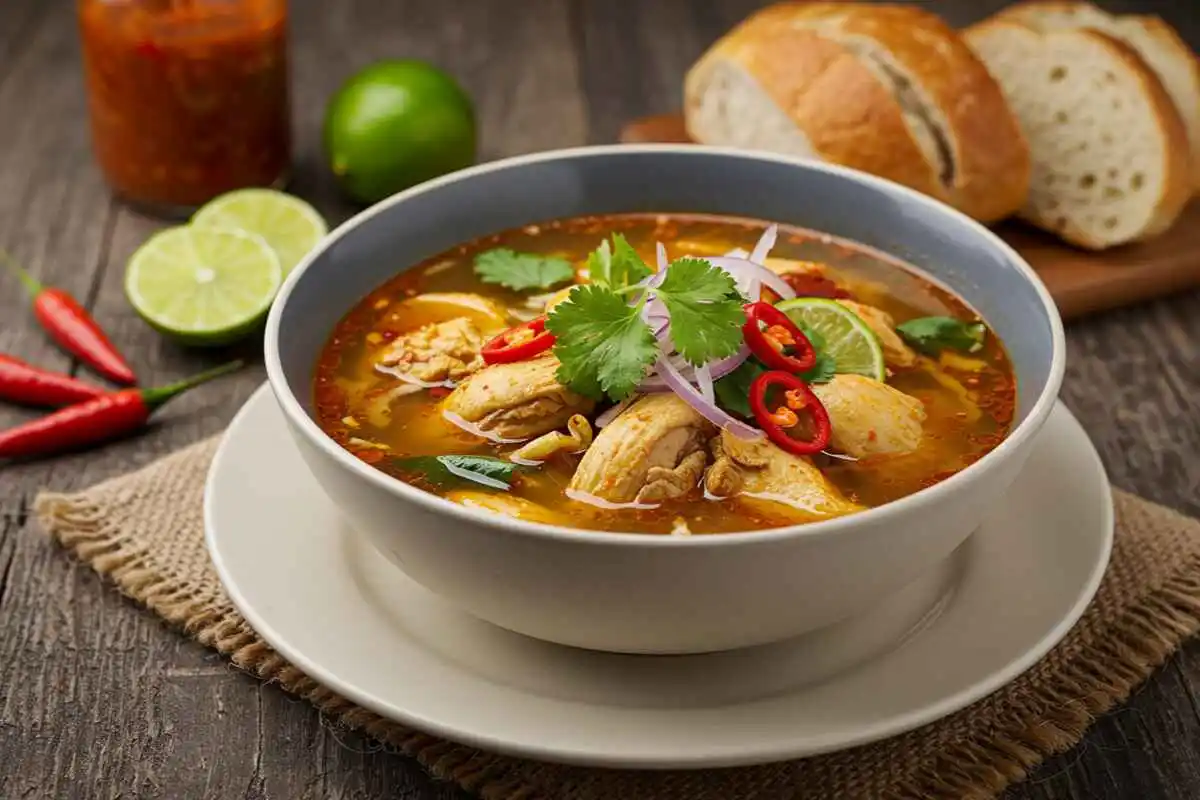 A steaming bowl of spicy chicken soup with shredded chicken, red chili flakes, and fresh cilantro, served in a rustic ceramic bowl.