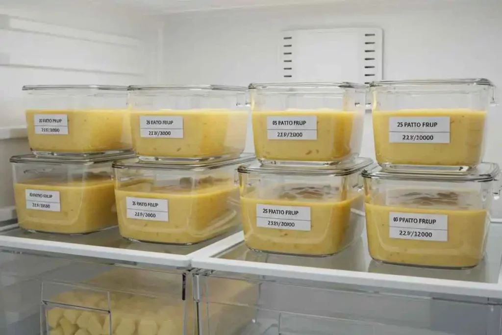  Containers of potato soup stored in a refrigerator for meal prep and freezing.