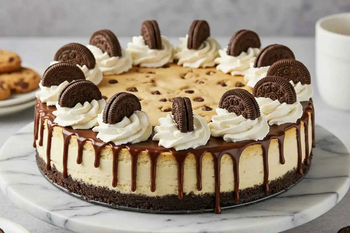 A cheesecake topped with whipped cream swirls, extra cookie dough chunks, and drizzled with dark chocolate ganache, served on a marble cake stand.