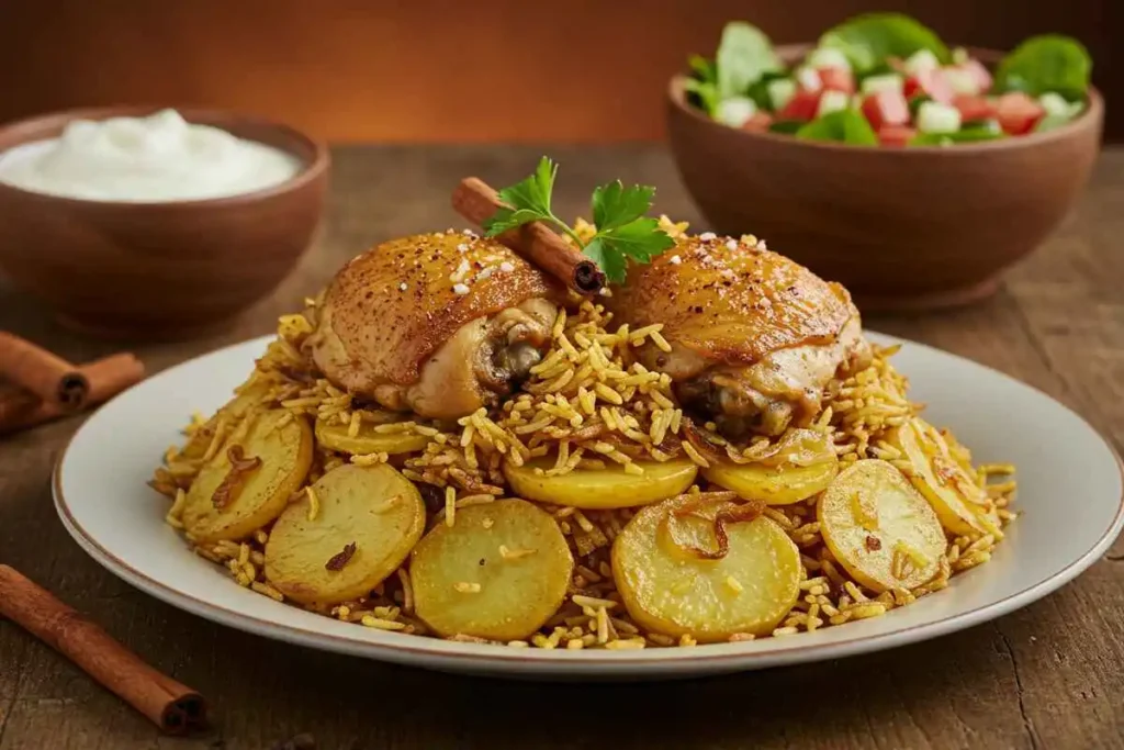 A beautifully plated Middle Eastern Maqluba dish, flipped onto a serving plate, revealing layers of spiced basmati rice, golden chicken thighs, and crispy potatoes