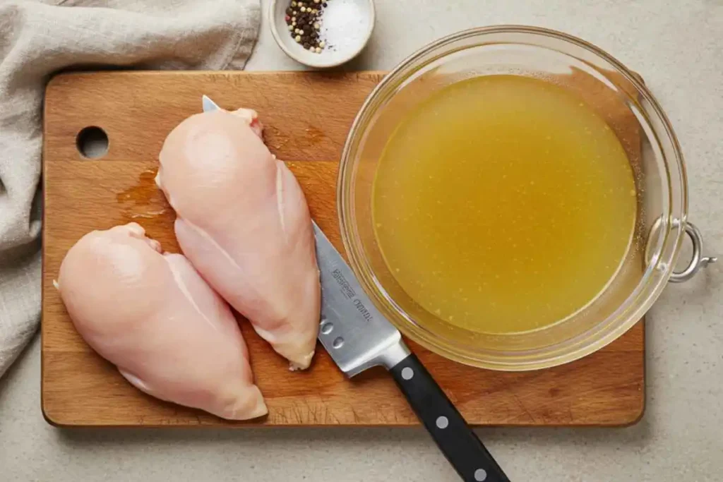 Raw chicken breasts on a wooden board with a bowl of golden chicken broth beside them