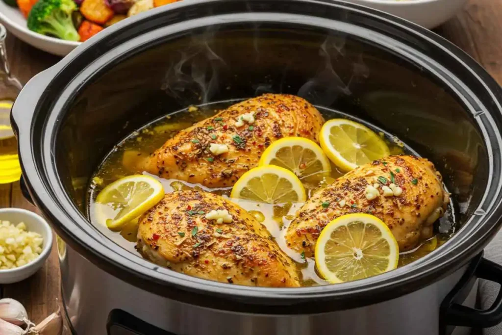 A plate of slow-cooked lemon herb chicken with roasted vegetables and quinoa, garnished with fresh parsley and lemon slices