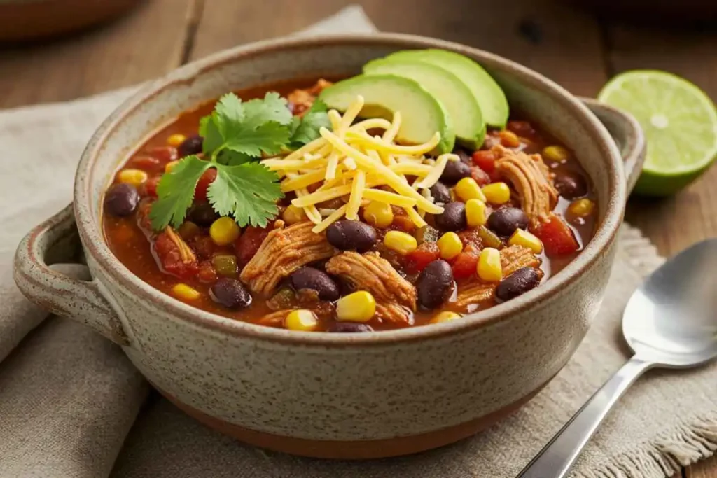 A steaming bowl of slow-cooked chicken and black bean chili, garnished with avocado, cilantro, and shredded cheese