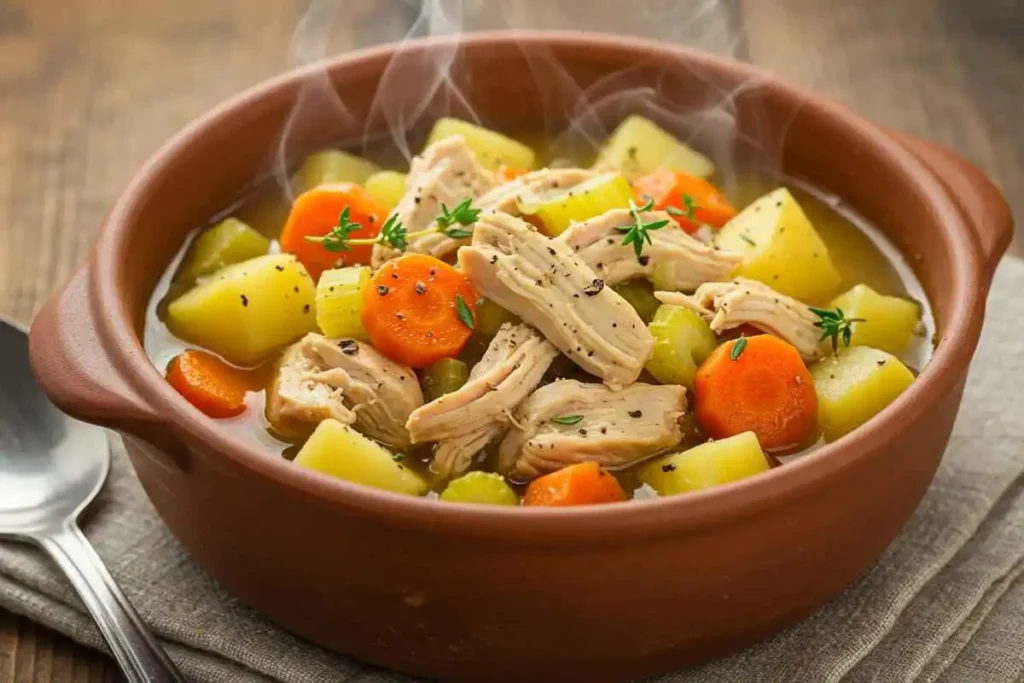 A bowl of slow-cooked chicken and vegetable stew with carrots, potatoes, and celery in a rich golden broth, garnished with fresh thyme