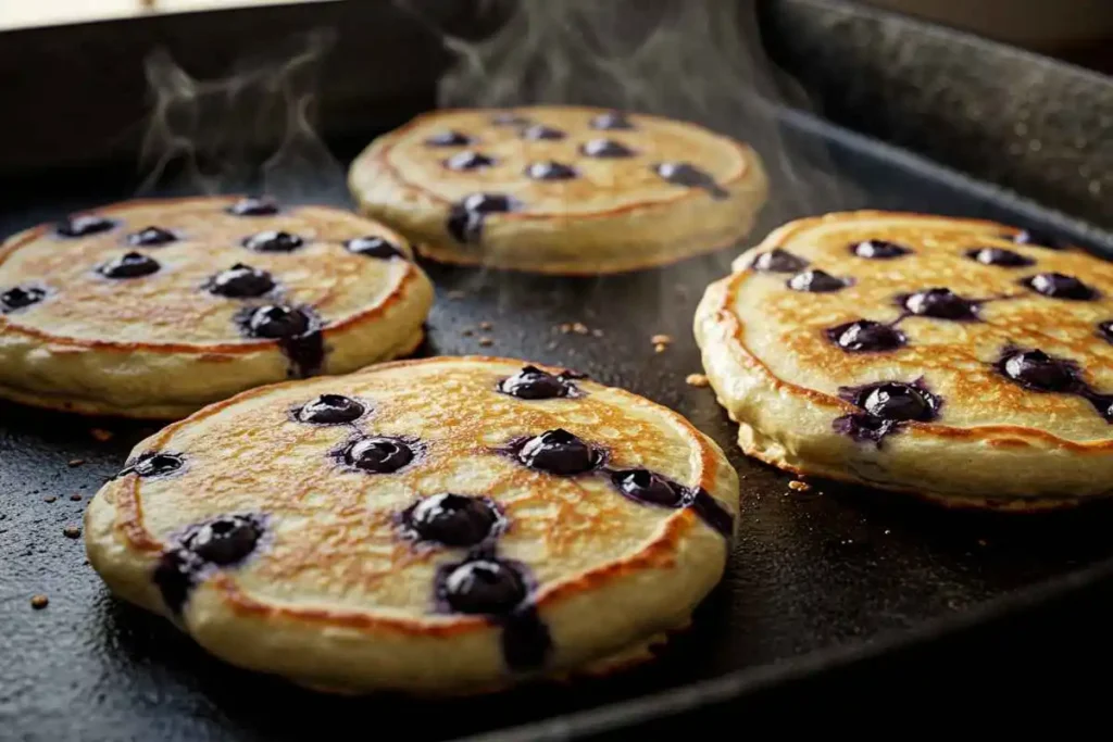 Golden-brown banana blueberry pancakes cooking on a griddle.