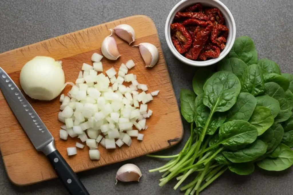  Chopped onions, minced garlic, sun-dried tomatoes, and fresh spinach on a wooden board.