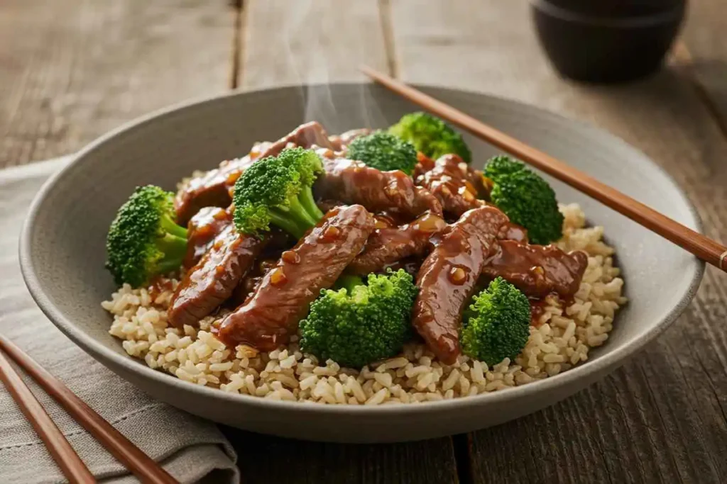 A bowl of slow-cooked beef and broccoli in a rich soy-based sauce, served over brown rice, with chopsticks on the side