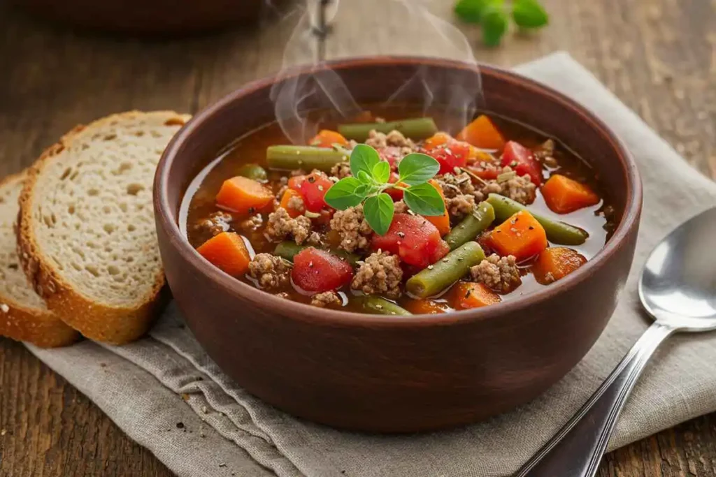 A bowl of slow-cooked beef and vegetable soup with ground beef, tomatoes, carrots, and green beans in a rich broth, served with whole-grain bread