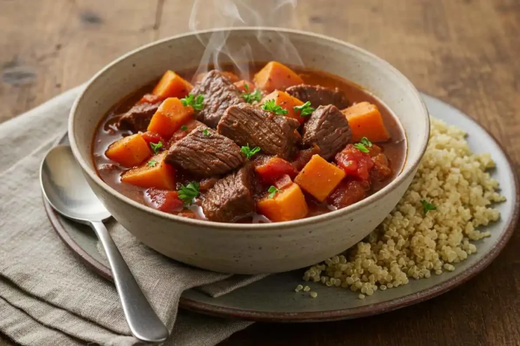 A bowl of slow-cooked spiced beef stew with tender beef chunks, sweet potatoes, and tomatoes in a rich broth, served with quinoa or rice