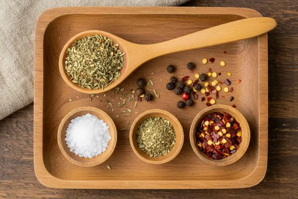  Italian seasoning, salt, black pepper, and red pepper flakes arranged on a wooden spice tray