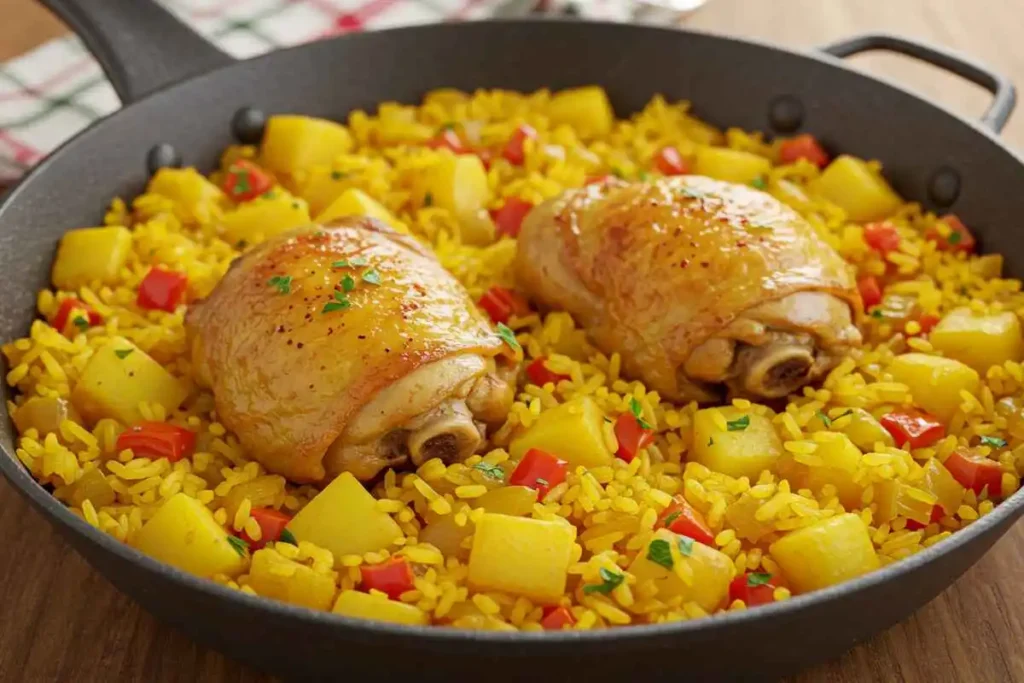 A skillet of Spanish Arroz con Pollo with golden-brown chicken, saffron-infused rice, diced potatoes, and bell peppers, garnished with fresh parsley