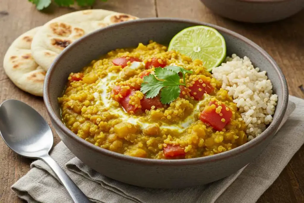 A bowl of slow-cooked lentil and quinoa curry with creamy coconut milk and aromatic spices, served with naan and brown rice