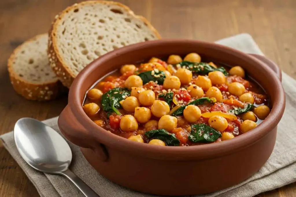 A bowl of slow-cooked chickpea and spinach stew with Mediterranean spices, served with whole-grain bread