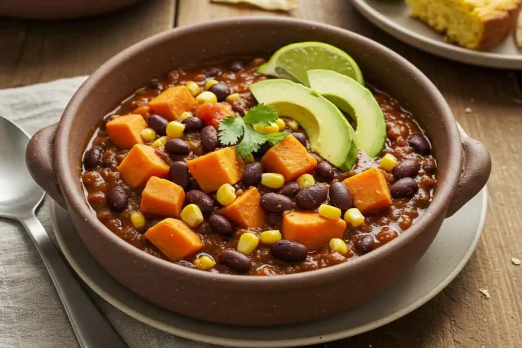 A bowl of slow-cooked black bean and sweet potato chili with corn and smoky spices, topped with avocado and lime.