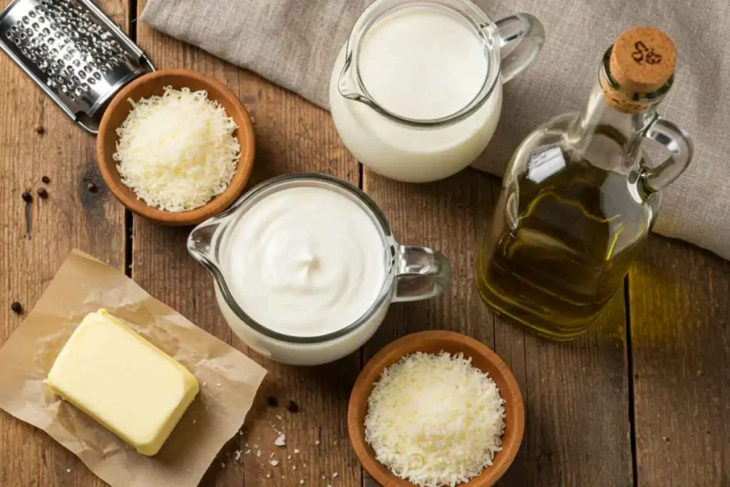  Heavy cream, grated Parmesan cheese, olive oil, and butter arranged on a wooden kitchen surface.