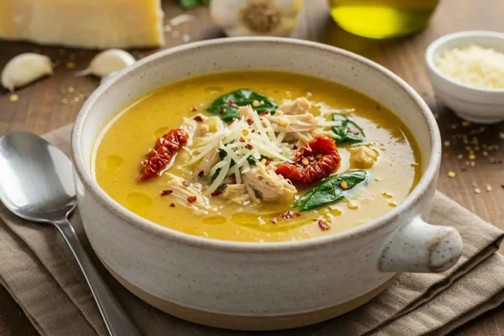  A bowl of creamy Marry Me Chicken Soup topped with shredded chicken, sun-dried tomatoes, spinach, and Parmesan cheese, garnished with red pepper flakes and drizzled with olive oil.