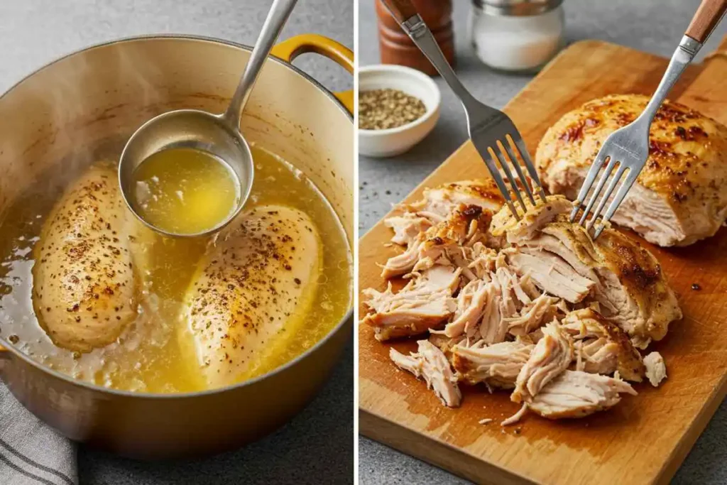  Chicken breasts simmering in broth and being shredded with forks on a wooden board. 