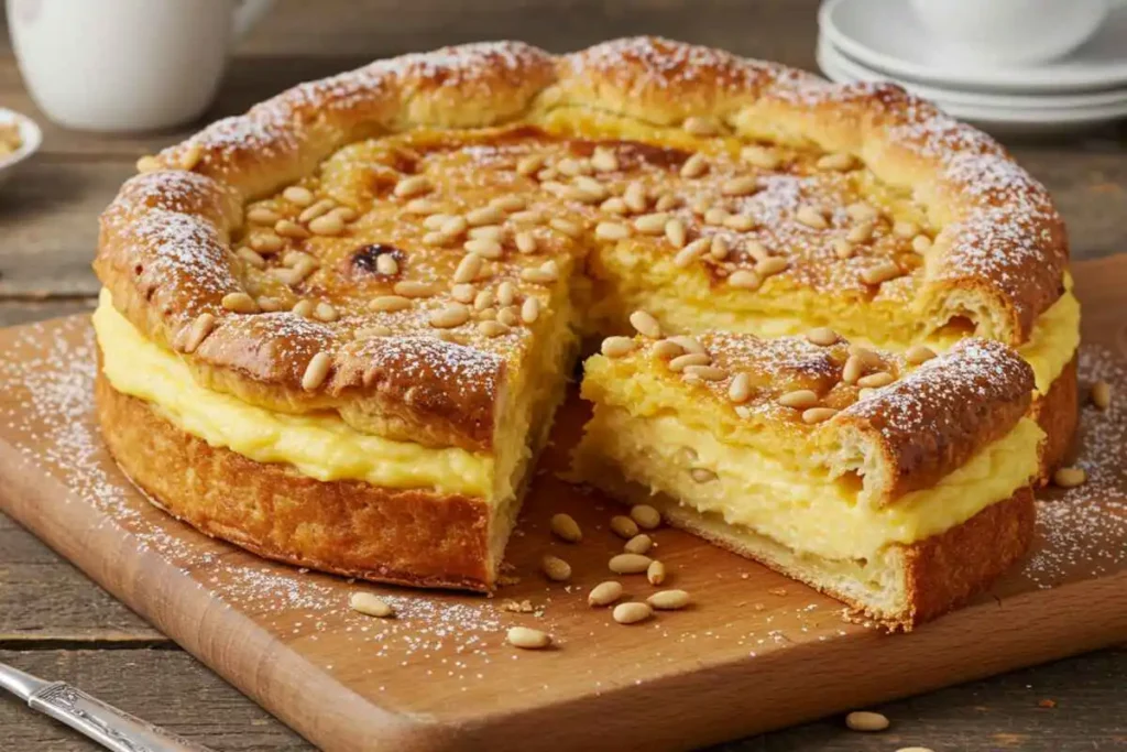 An Italian custard-filled Torta della Nonna with powdered sugar and pine nuts on a wooden board.