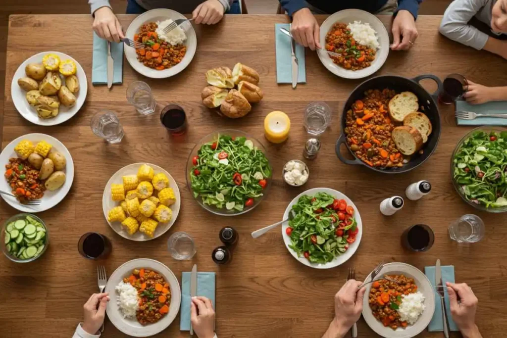 A family dinner table set with multiple servings of American goulash, fresh salads, and garlic bread, capturing a warm home-cooked meal experience.