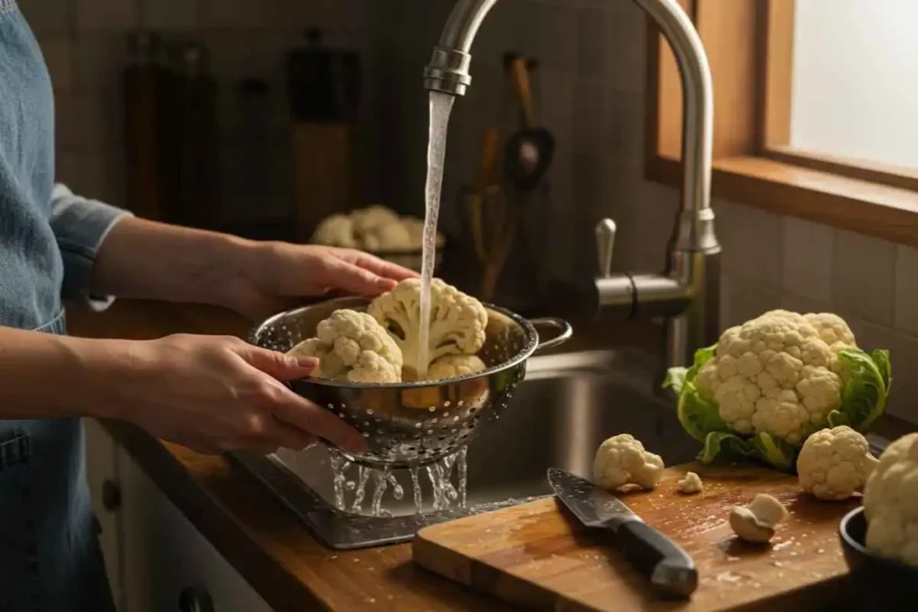  A person rinsing and cleaning cauliflower mushrooms under cold water in a kitchen sink