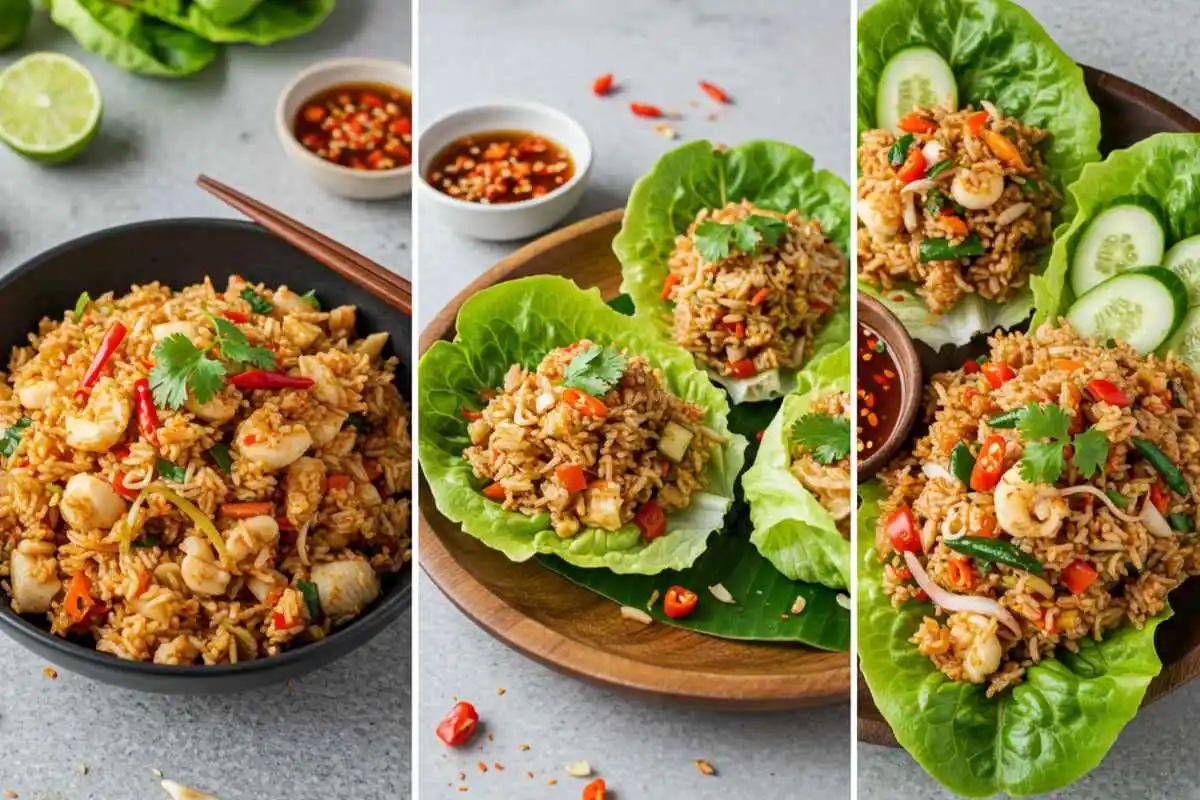 Three different ways to serve crispy rice salad: in a bowl, in lettuce wraps, and as a side dish.