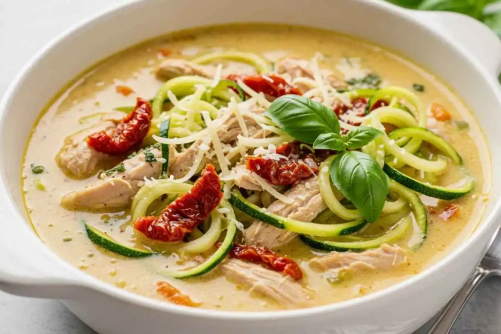 A keto-friendly version of Marry Me Chicken Soup with zucchini noodles and Parmesan. 