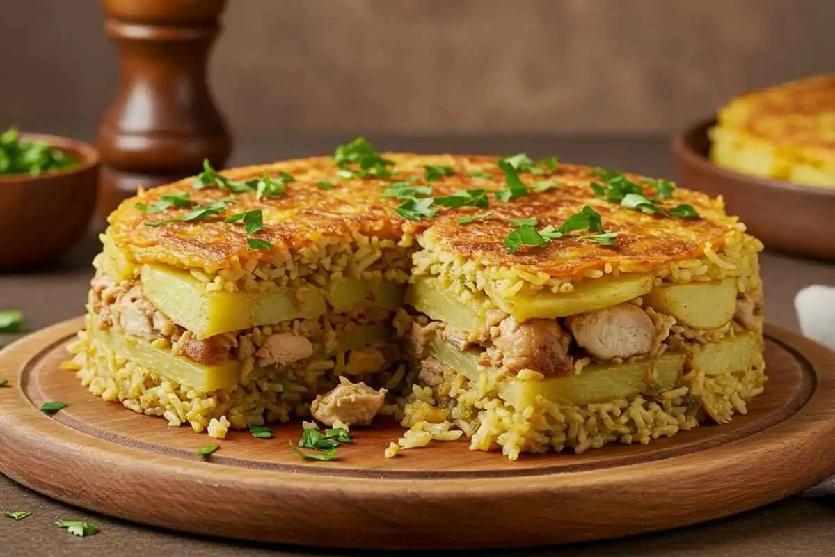 An upside-down Middle Eastern Maqluba dish with layered rice, chicken, and potatoes, garnished with herbs.