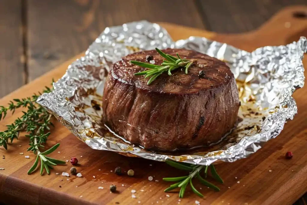 A freshly cooked filet mignon steak resting on a wooden board, loosely covered with foil to retain juices.