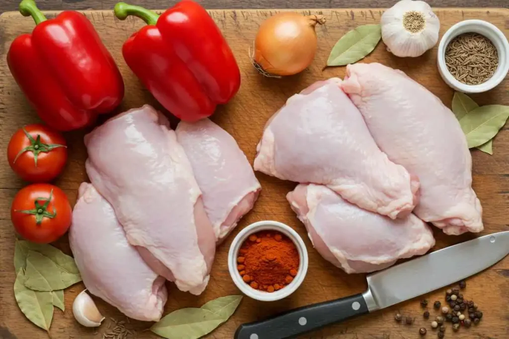  A top-down view of fresh ingredients for chicken goulash, including chicken, bell peppers, onions, and Hungarian paprika.