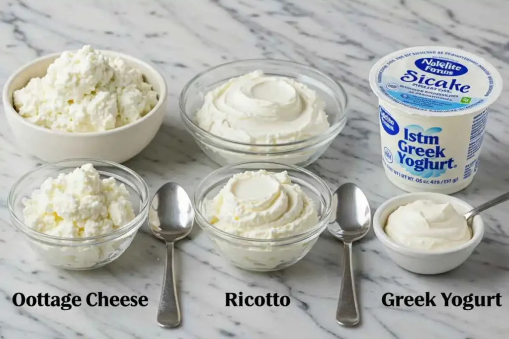 A side-by-side comparison of cottage cheese, ricotta, and Greek yogurt in clear glass bowls, placed on a white marble countertop. Each dairy product is labeled with a spoon beside it, showing their distinct textures.