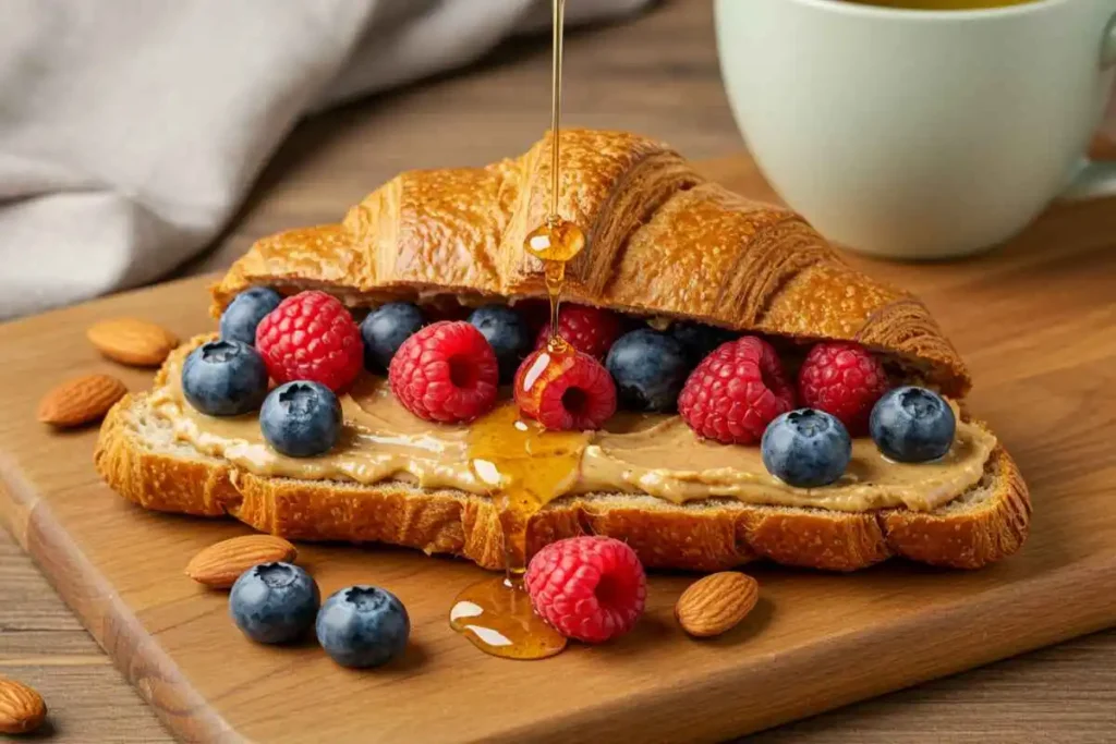 A plant-based croissant filled with creamy almond butter, topped with fresh raspberries and blueberries, drizzled with honey, placed on a wooden board with green tea.