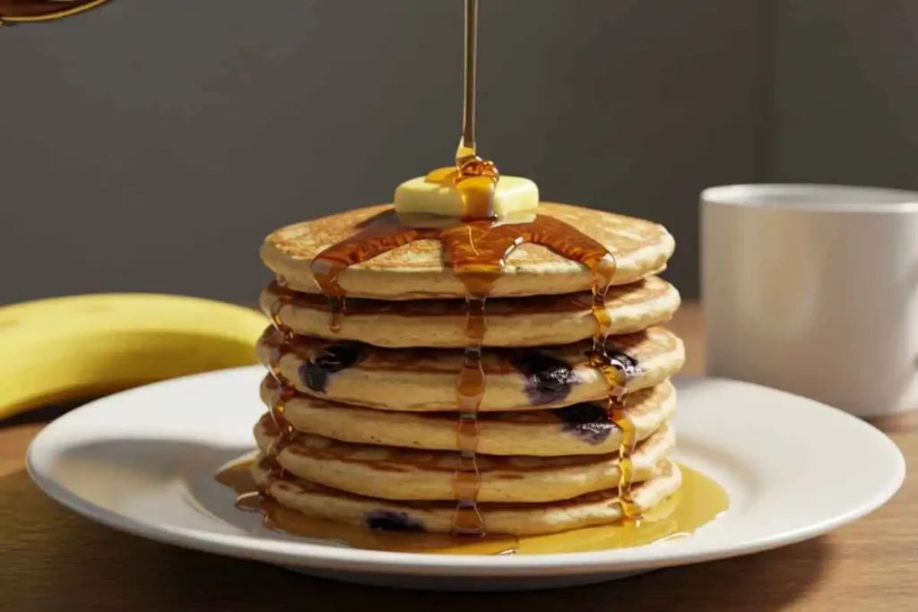 A stack of banana blueberry pancakes topped with butter and maple syrup.