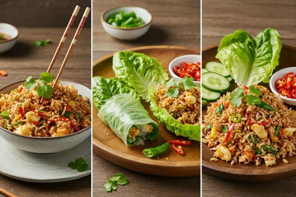 A trio of crispy rice salad presentations: in a ceramic bowl with chopsticks, wrapped in lettuce cups, and served on a wooden platter with fresh vegetables and chili peppers.