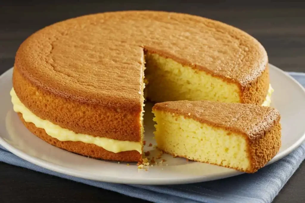 A golden sponge cake with a fluffy texture, sliced and placed on a wire rack, alongside a bowl of smooth vanilla custard.