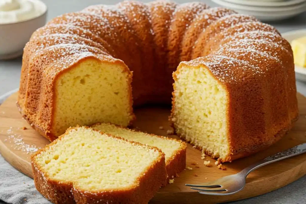 A freshly baked golden sponge cake with a soft, fluffy texture, sliced and placed on a wooden board, lightly dusted with powdered sugar.