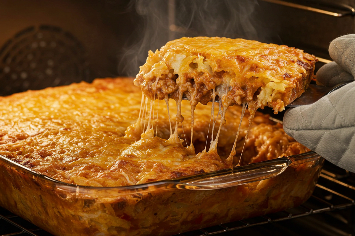 A freshly baked Taco Hashbrown Casserole being removed from the oven, with melted cheese and crispy hashbrowns on top.