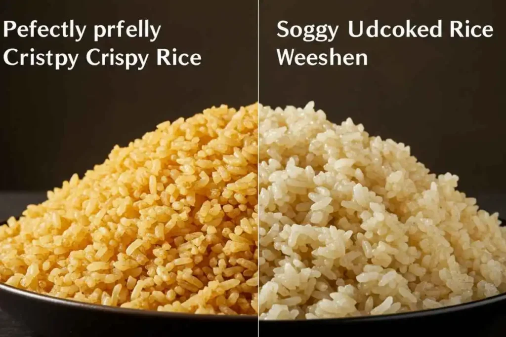 Comparison of golden crispy rice and soggy, undercooked rice side by side.