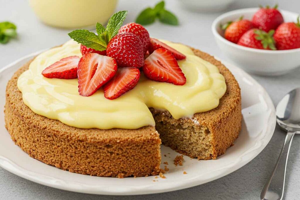 A healthier version of cake and custard dessert with almond flour sponge and sugar-free custard, topped with fresh fruit.