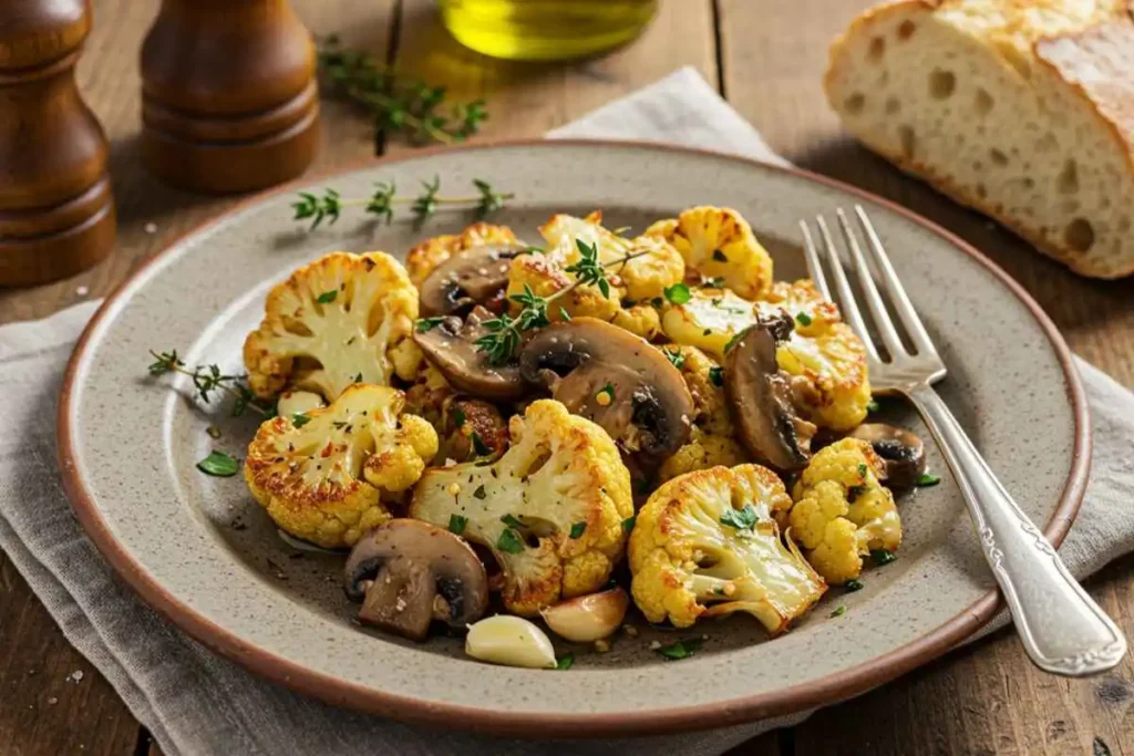  A plated dish of sautéed cauliflower mushrooms garnished with fresh herbs.