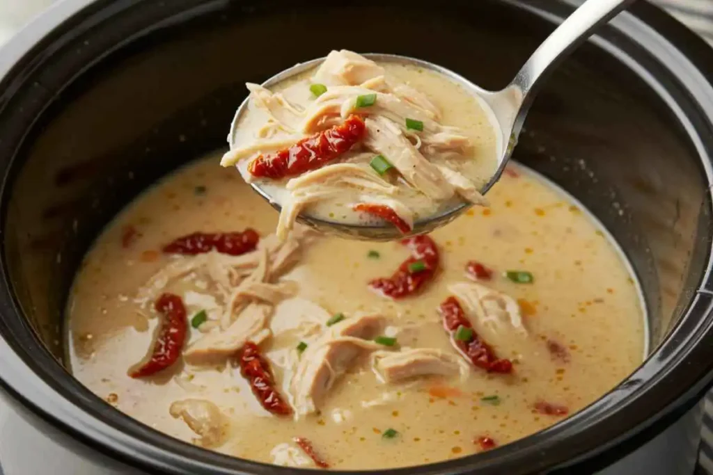  A slow cooker filled with creamy Marry Me Chicken Soup, ready to serve.