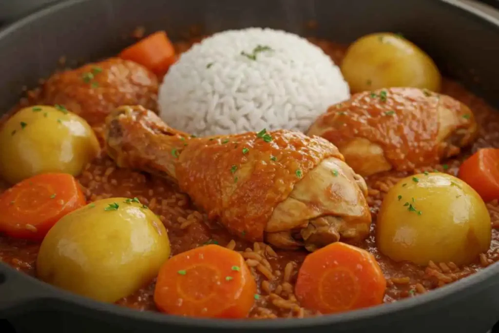 A pot of Filipino Chicken Afritada with chicken, rice, potatoes, and carrots in a tomato sauce.