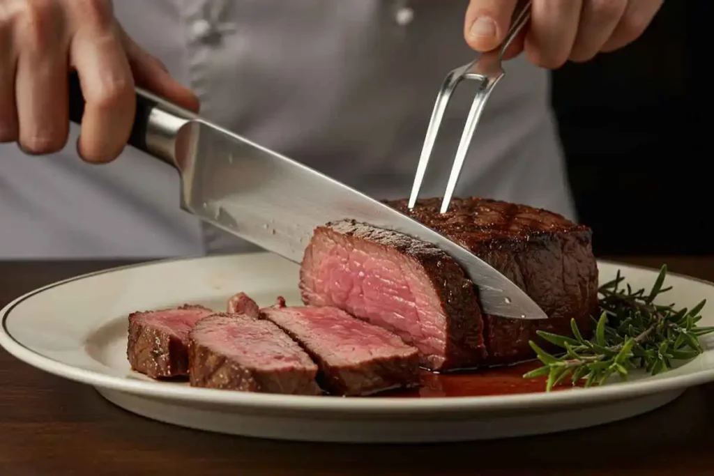 A chef cutting a juicy filet mignon steak, revealing its pink center and tender texture.