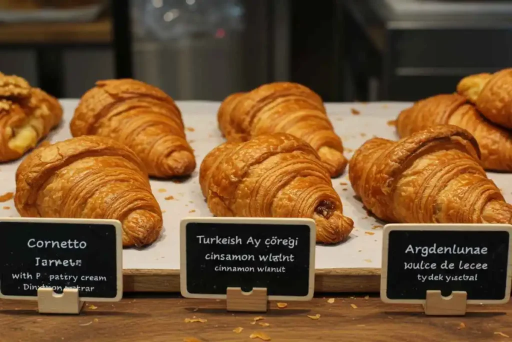 A trio of international croissants: an Italian cornetto with pastry cream, a Turkish ay çöreği with cinnamon and walnuts, and an Argentine medialuna with dulce de leche.