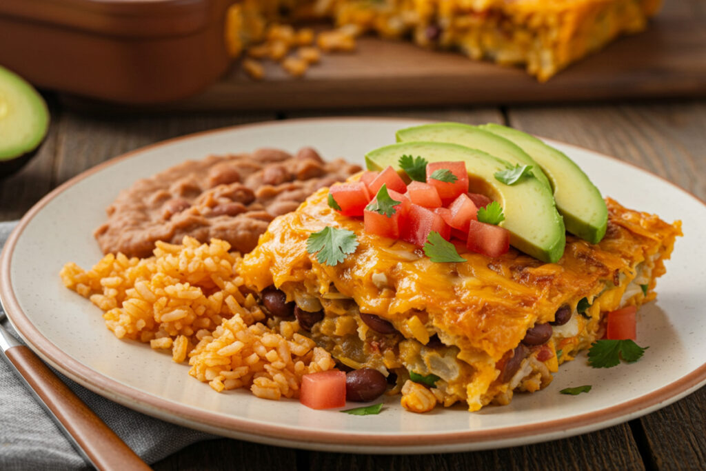 A slice of Taco Hashbrown Casserole served on a plate, garnished with avocado, tomatoes, and cilantro, accompanied by refried beans and Mexican rice.