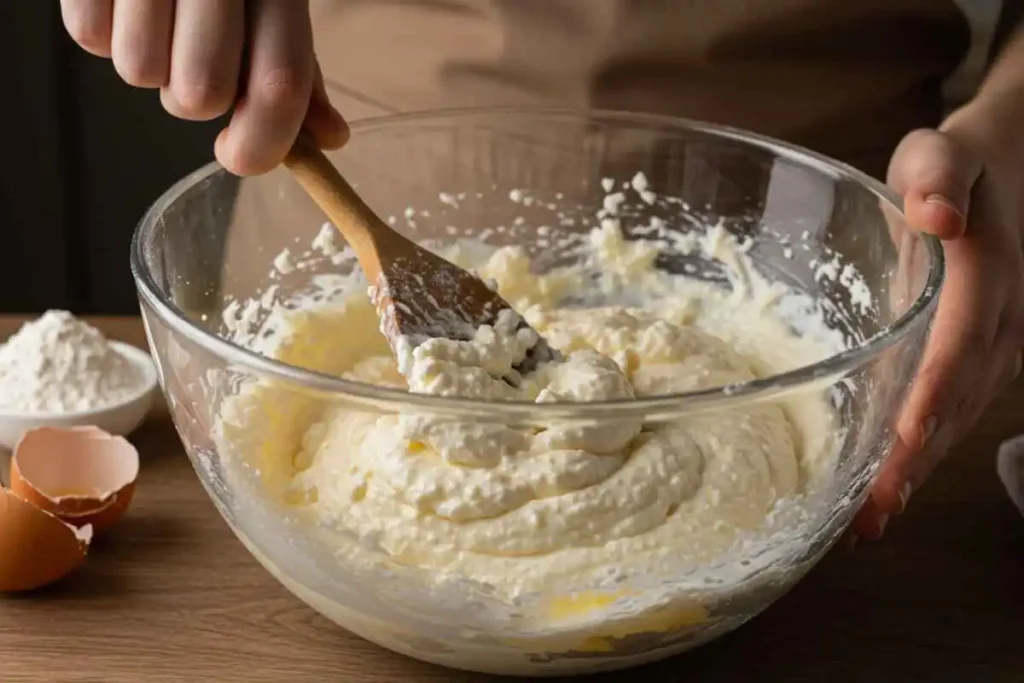 A baker stirring a thick batter with cottage cheese in a glass mixing bowl using a wooden spoon. Ingredients like flour and cracked eggshells are placed on a wooden countertop in the background.