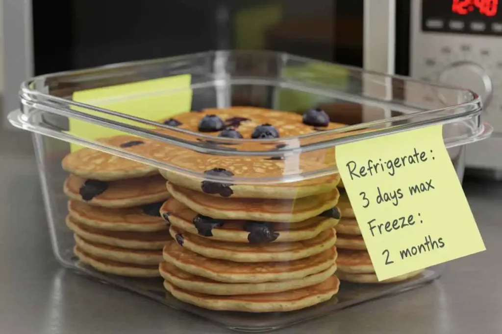 Banana blueberry pancakes stored in an airtight container for later use.