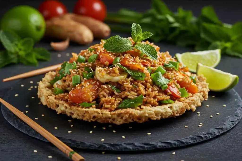 A final serving of crispy rice salad with herbs, sesame seeds, and lime wedges on a dark plate. 