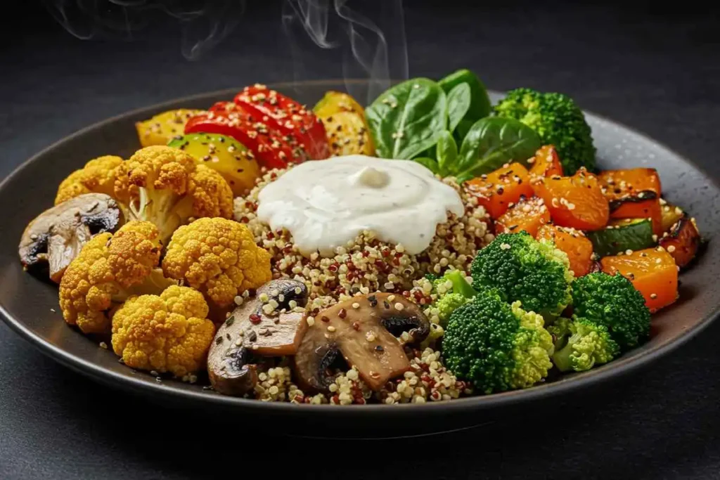 A nutritious vegan bowl with quinoa, roasted cauliflower, mushrooms, broccoli, spinach, and bell peppers, topped with a creamy dairy-free sauce.