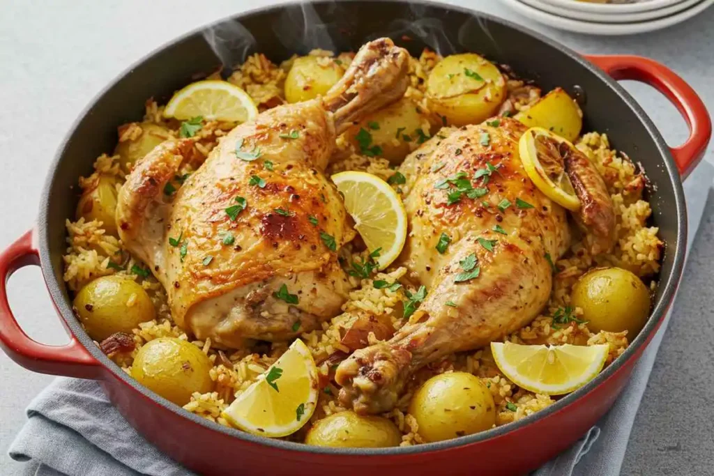 A one-pot rice chicken and potato dish with a golden crispy topping and fresh parsley garnish."