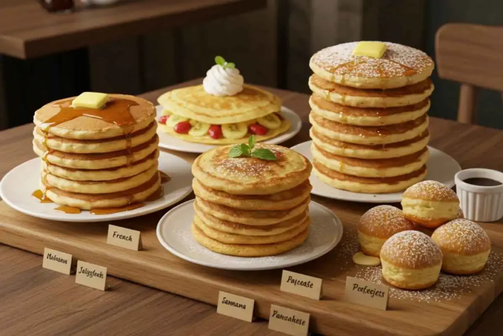 A platter displaying American, French, Japanese, Indian, and Dutch-style fruit pancakes, showcasing global variations of the dish.